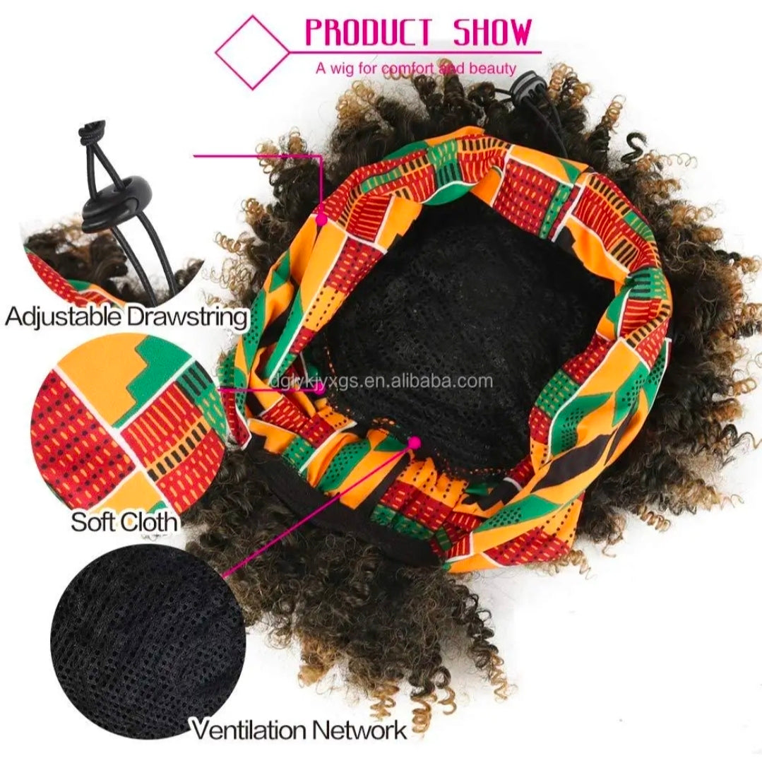 Women's 6-Inch Short Kinky Coil Headband Wig, African Print Adjustable Headband, Natural Curly Synthetic Wig
