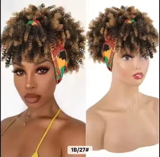 Women's 6-Inch Short Kinky Coil Headband Wig, African Print Adjustable Headband, Natural Curly Synthetic Wig