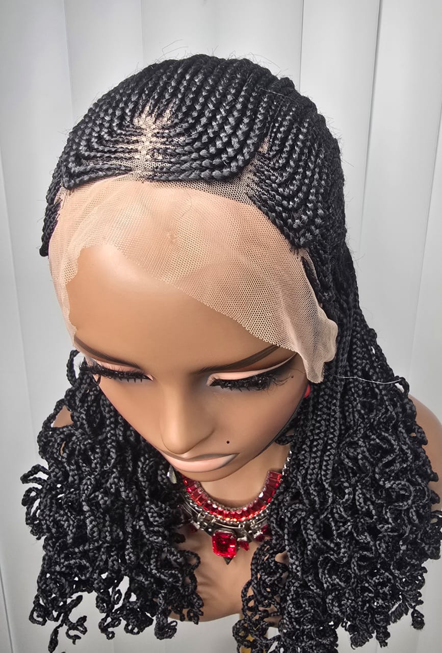 7×7 Cornrow Braided Wig with Curls – Long Synthetic Braided Lace Wig for Women