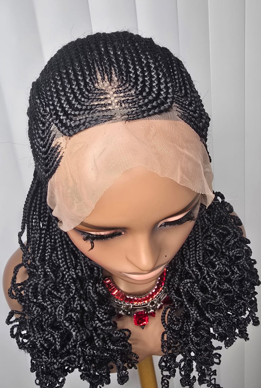 7×7 Cornrow Braided Wig with Curls – Long Synthetic Braided Lace Wig for Women
