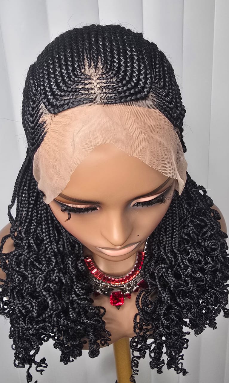 7×7 Cornrow Braided Wig with Curls – Long Synthetic Braided Lace Wig for Women