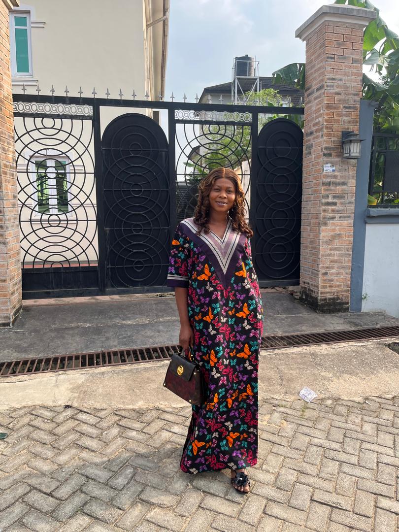 Elegant Butterfly Print Kaftan Maxi Dress for Women – Flowy V-Neck Long African with Aso Oke-Inspired Gown