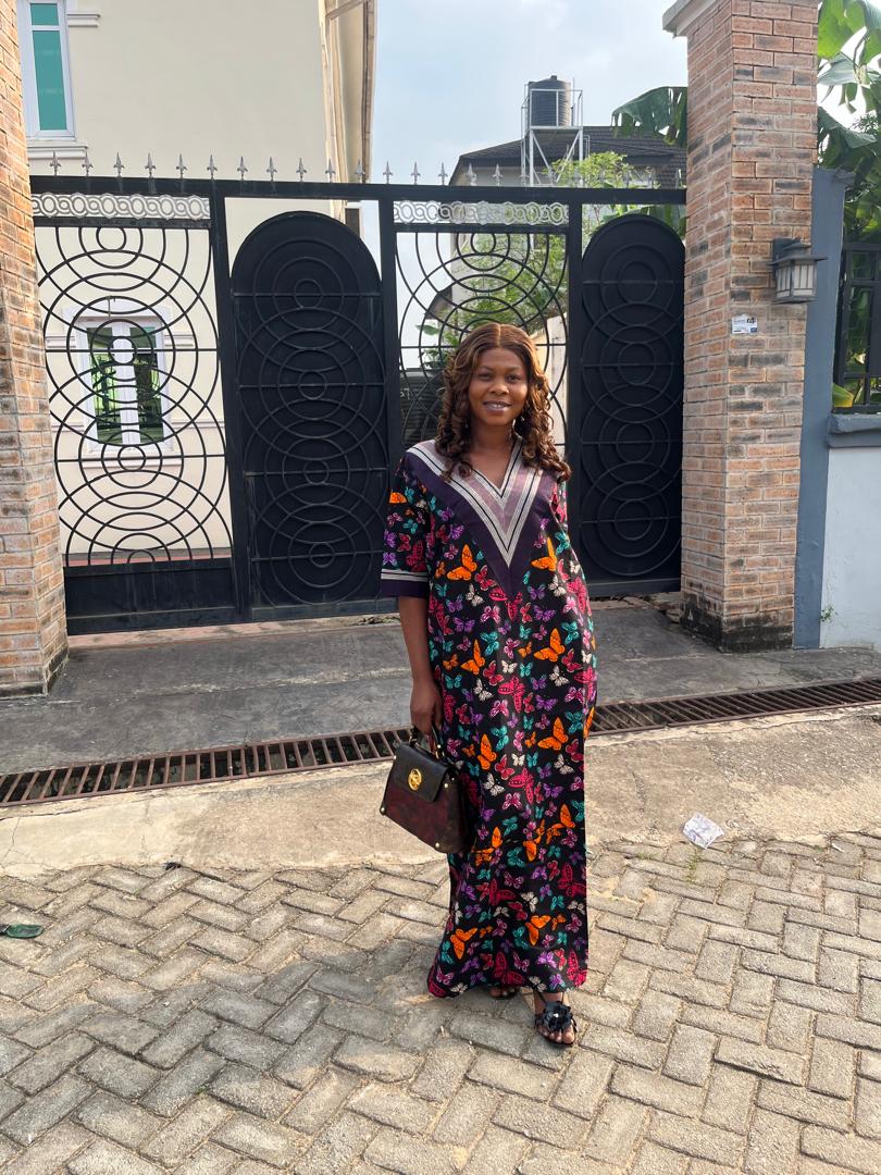 Elegant Butterfly Print Kaftan Maxi Dress for Women – Flowy V-Neck Long African with Aso Oke-Inspired Gown