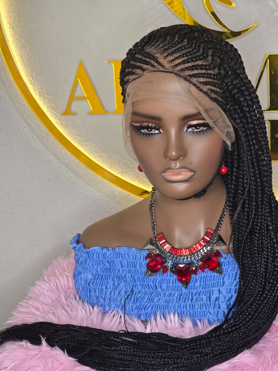 Women’s Long Black Box Braided Lace Front Wig – Tribal Cornrow Braids