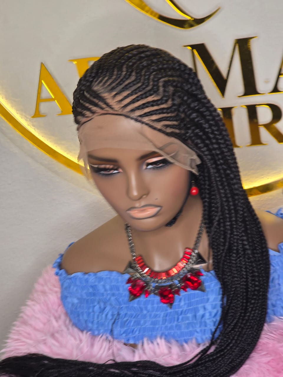 Women’s Long Black Box Braided Lace Front Wig – Tribal Cornrow Braids
