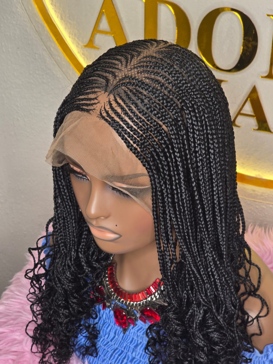 Women’s Black Micro Braided Lace Front Wig with Curly Ends – Pre-Braided Cornrow Box Braid Wig
