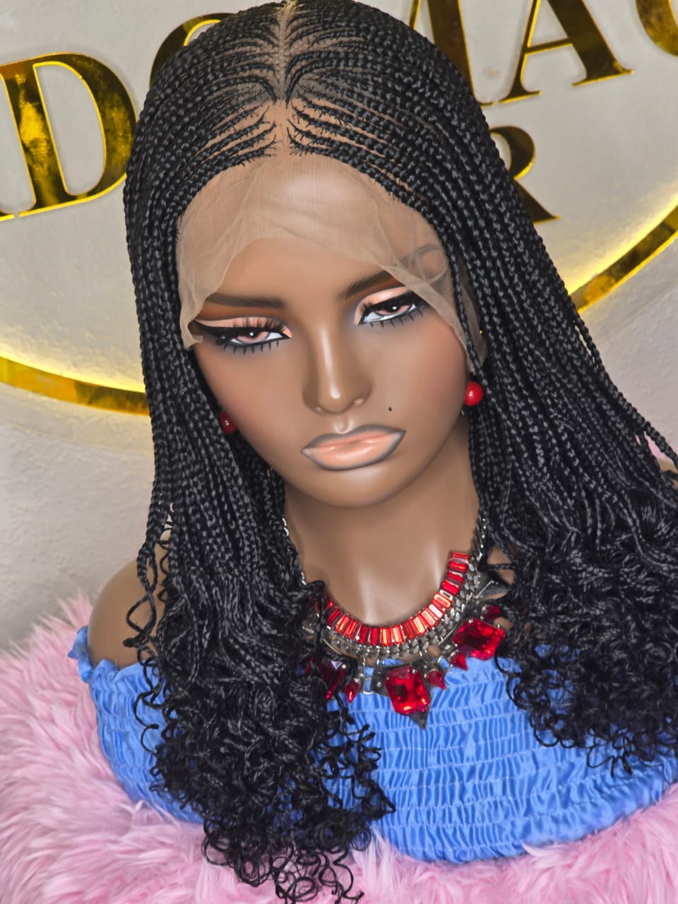 Women’s Black Micro Braided Lace Front Wig with Curly Ends – Pre-Braided Cornrow Box Braid Wig