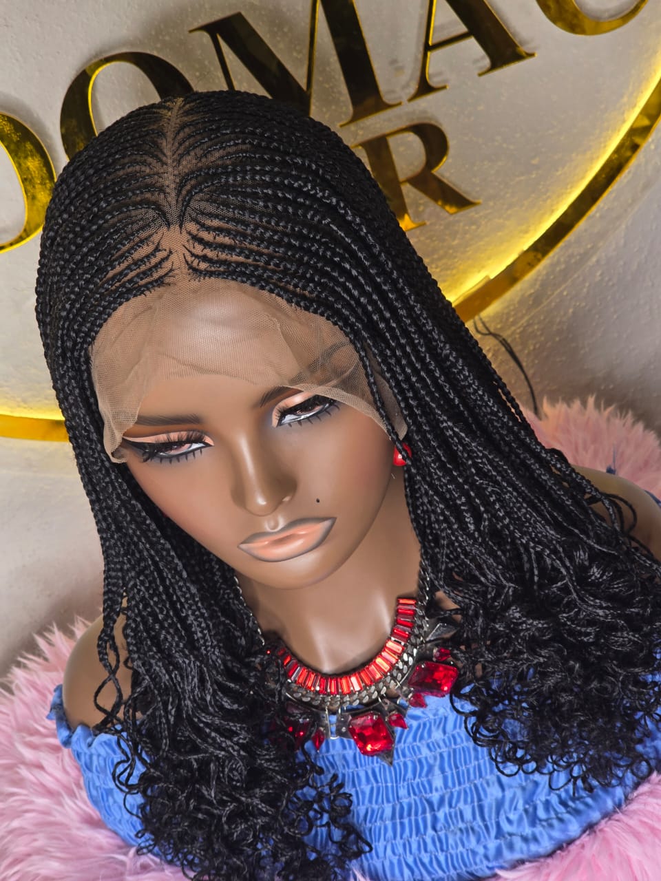 Women’s Black Micro Braided Lace Front Wig with Curly Ends – Pre-Braided Cornrow Box Braid Wig