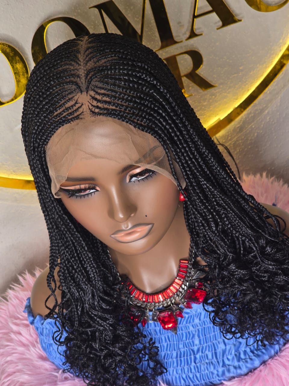 Women’s Black Micro Braided Lace Front Wig with Curly Ends – Pre-Braided Cornrow Box Braid Wig