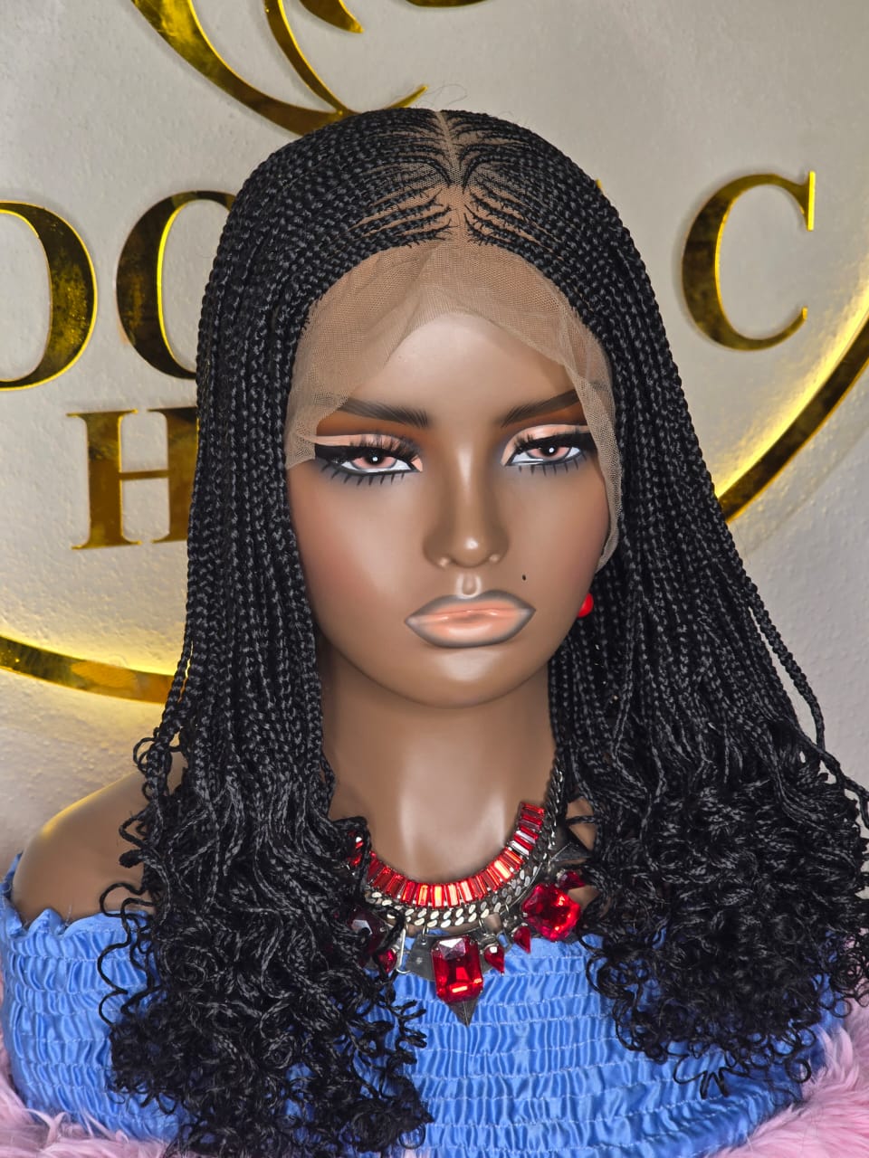 Women’s Black Micro Braided Lace Front Wig with Curly Ends – Pre-Braided Cornrow Box Braid Wig