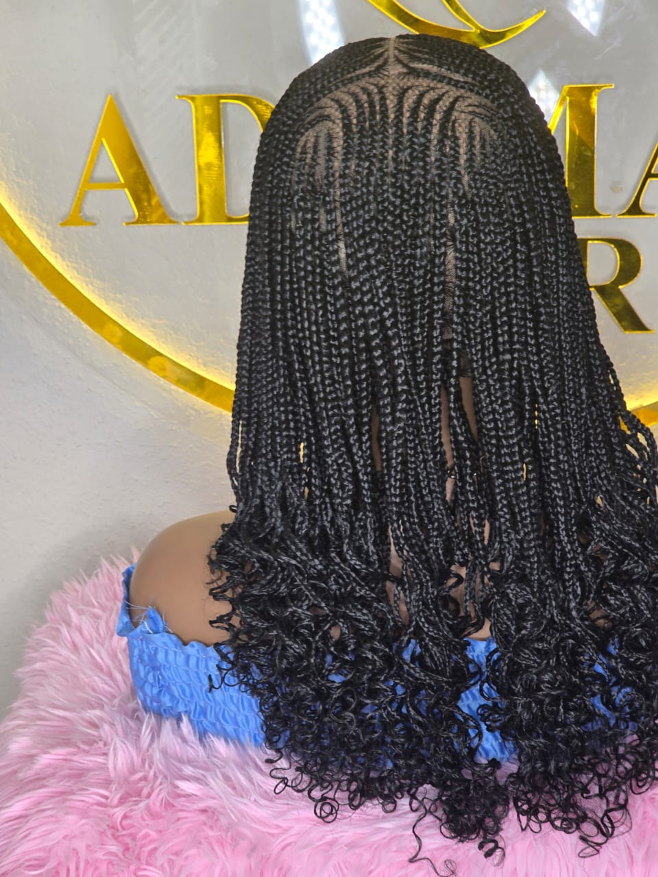 Women’s Black Micro Braided Lace Front Wig with Curly Ends – Pre-Braided Cornrow Box Braid Wig