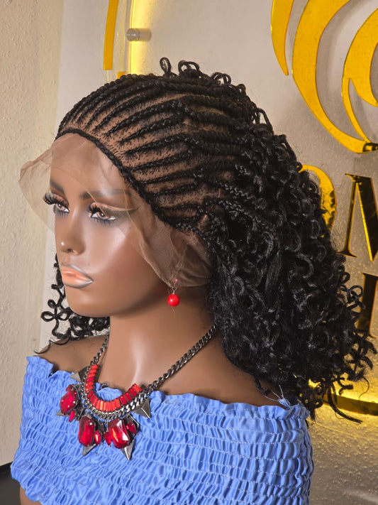 Women’s Black Cornrow Braided Lace Wig with Curly Ends