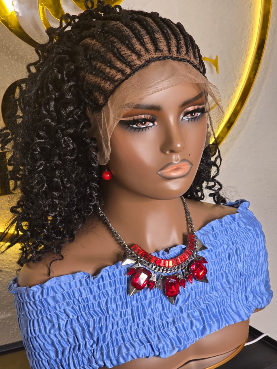 Women’s Black Cornrow Braided Lace Wig with Curly Ends