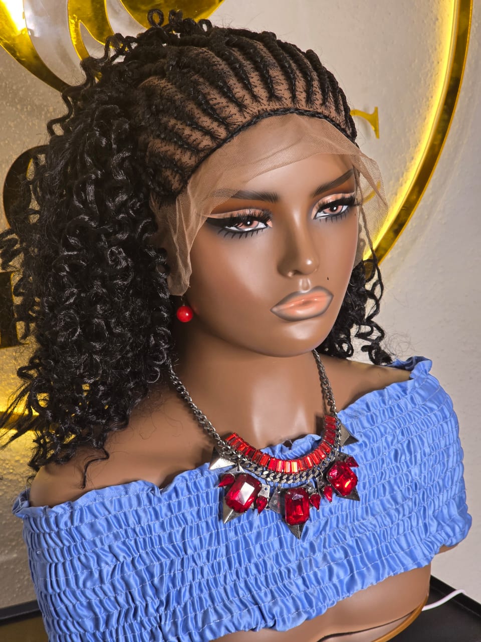 Women’s Black Cornrow Braided Lace Wig with Curly Ends