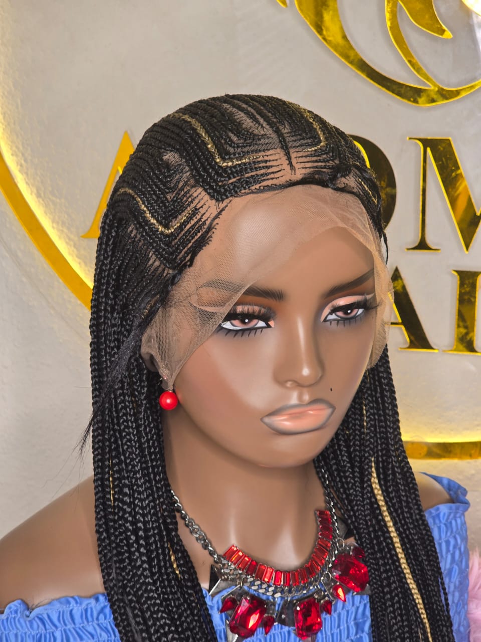 Women’s Black Micro Braided Lace Front Wig with Gold Highlights