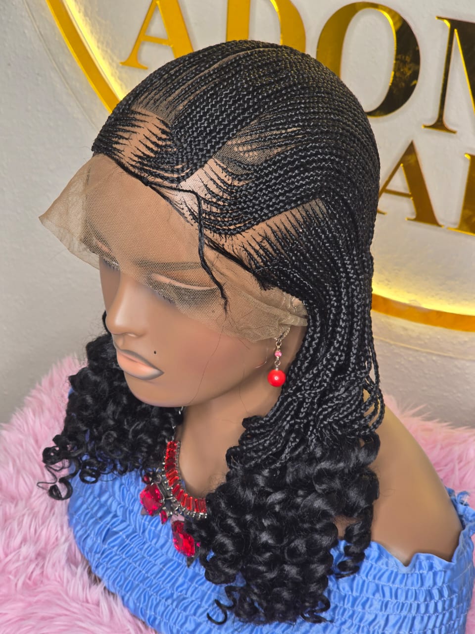 Women’s Black Micro Braided Lace Front Wig with Curly Ends – Cornrow Wave Pattern Pre-Braided Wig