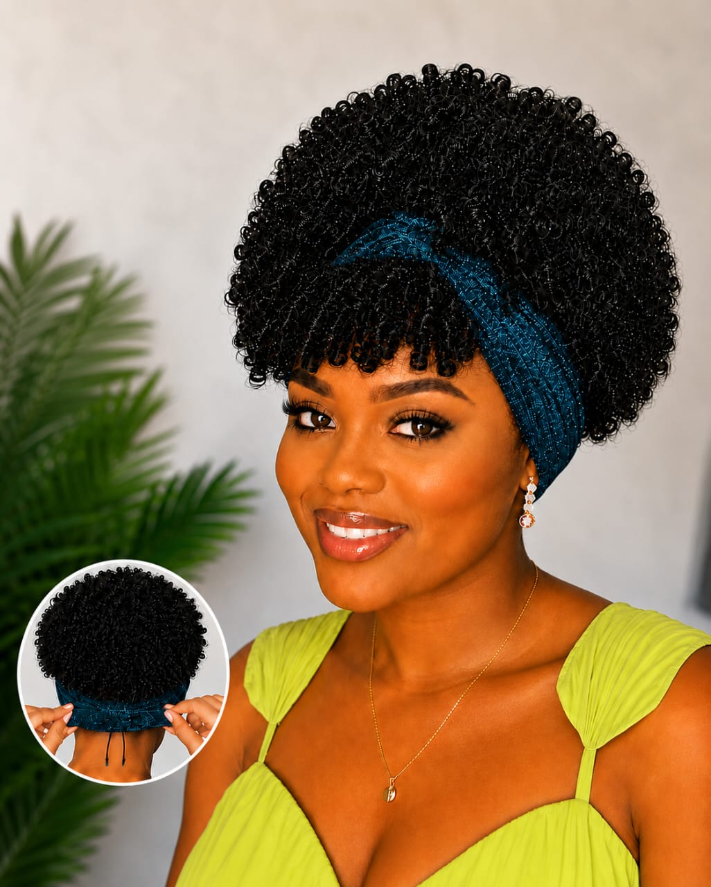 Women's 6-Inch Short Kinky Coil Headband Wig, Dark Teal, Adjustable, Natural-Looking Synthetic Curly Wig