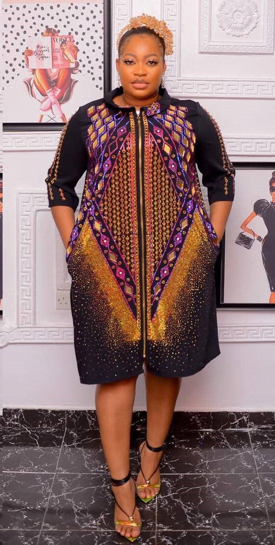 Elegant Stoned Gown for Classic Ladies with Vibrant Patterns and Stylish Design Zipper Down Closure Three Quarter Sleeves Summer Fashion
