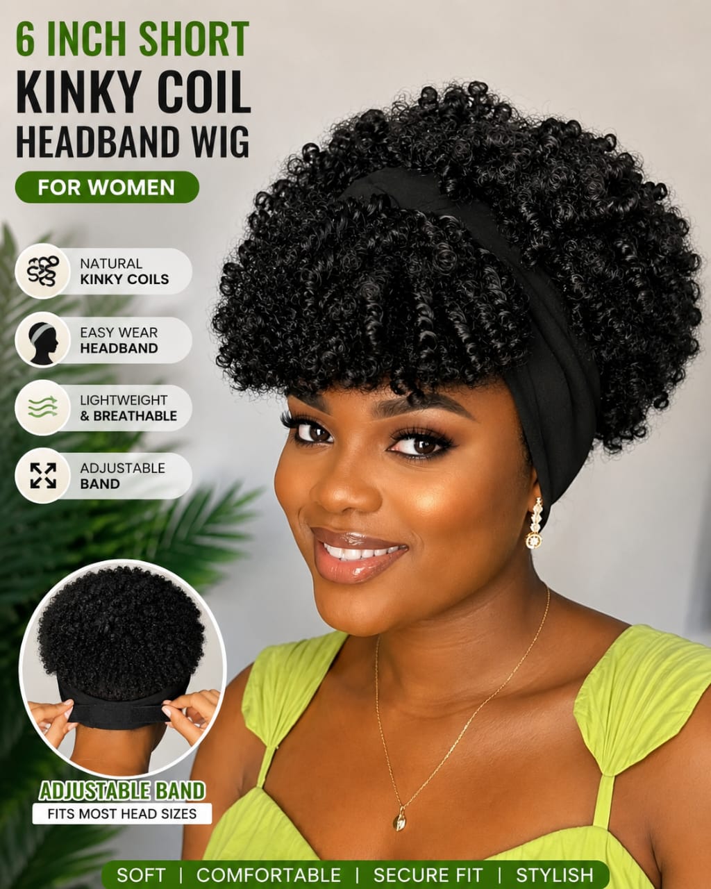 Women's 6-Inch Short Kinky Coil Headband Wig, Natural Black Synthetic Wig with Adjustable Band, Soft Fluffy Curly Hair