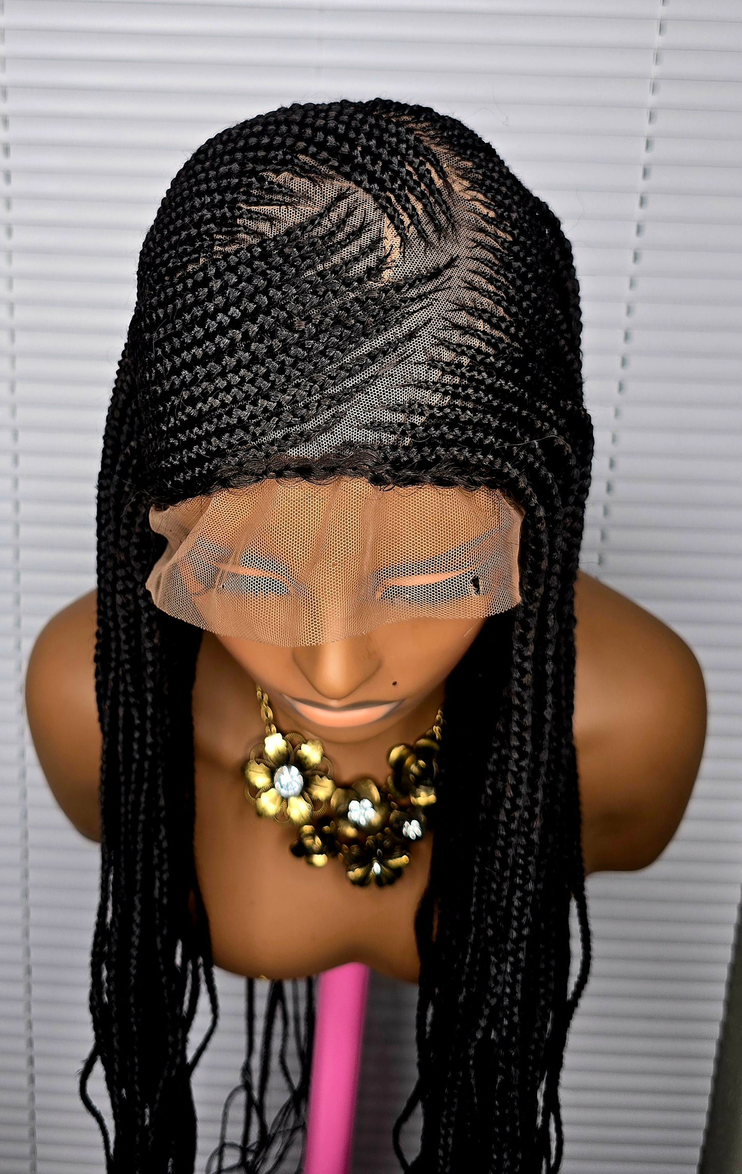Black  32inches 360 Full Lace Synthetic Braided Wig with Unique Heart Design Unisex Natural Appearance Easy Styling Comfortable Maintenance