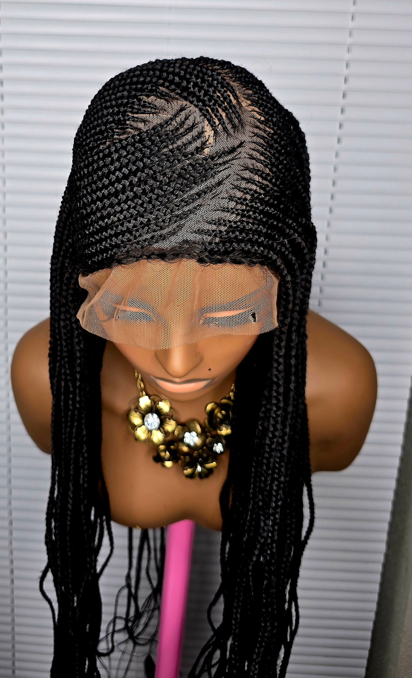 Black  32inches 360 Full Lace Synthetic Braided Wig with Unique Heart Design Unisex Natural Appearance Easy Styling Comfortable Maintenance