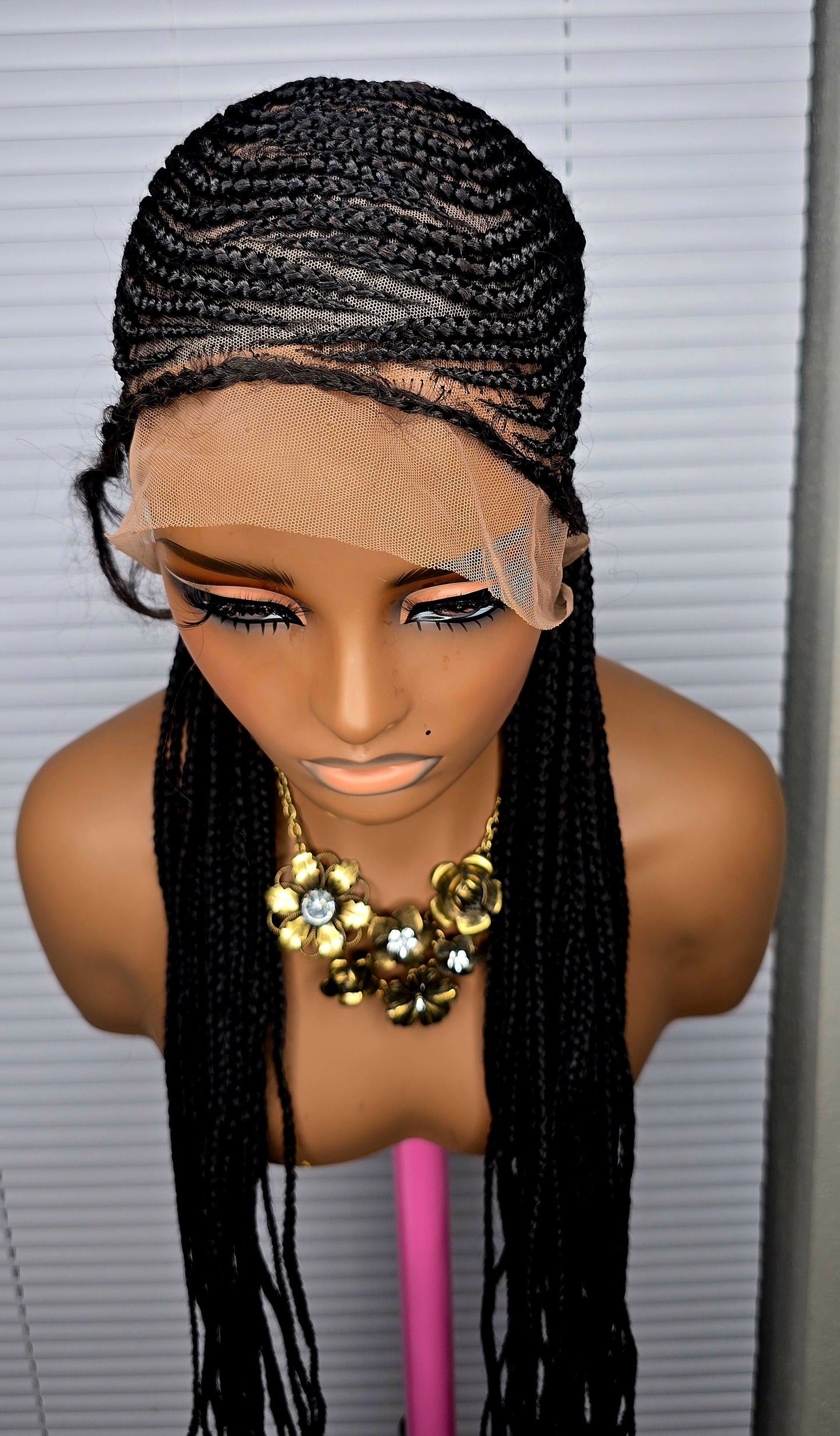 Black  32inches 360 Full Lace Synthetic Braided Wig with Unique Heart Design Unisex Natural Appearance Easy Styling Comfortable Maintenance