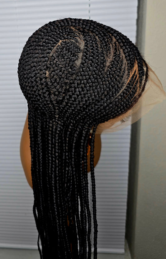 Black Adomac 036  32inches 360 Full Lace Synthetic Braided Wig with Unique Heart Design Unisex Natural Appearance Easy Styling Comfortable Maintenance