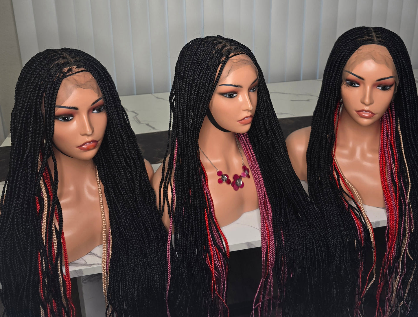 Fullace 30inches Multicolours Knotless Braided Wig for Classic Ladies with Rich Black and Red Highlights