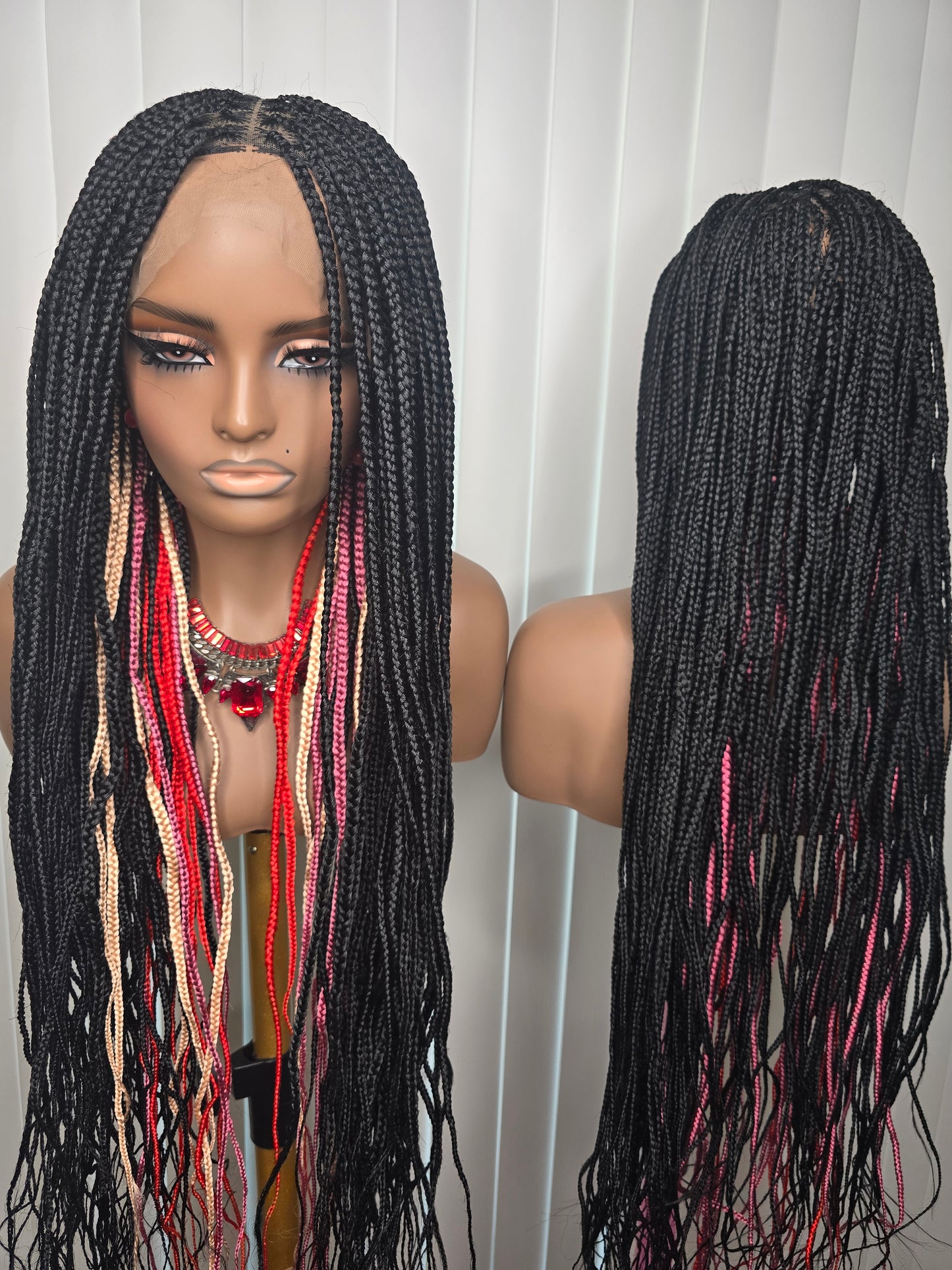 Fullace 30inches Multicolours Knotless Braided Wig for Classic Ladies with Rich Black and Red Highlights