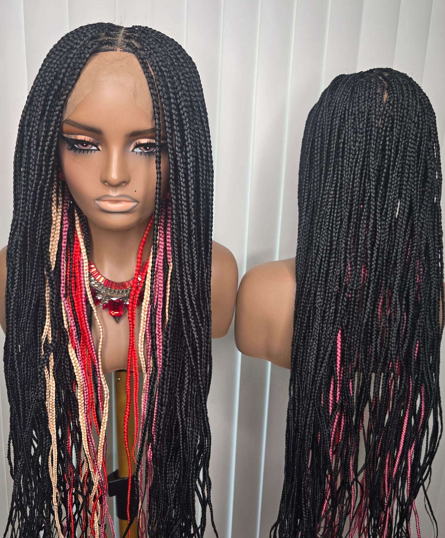Fullace 30inches Multicolours Knotless Braided Wig for Classic Ladies with Rich Black and Red Highlights