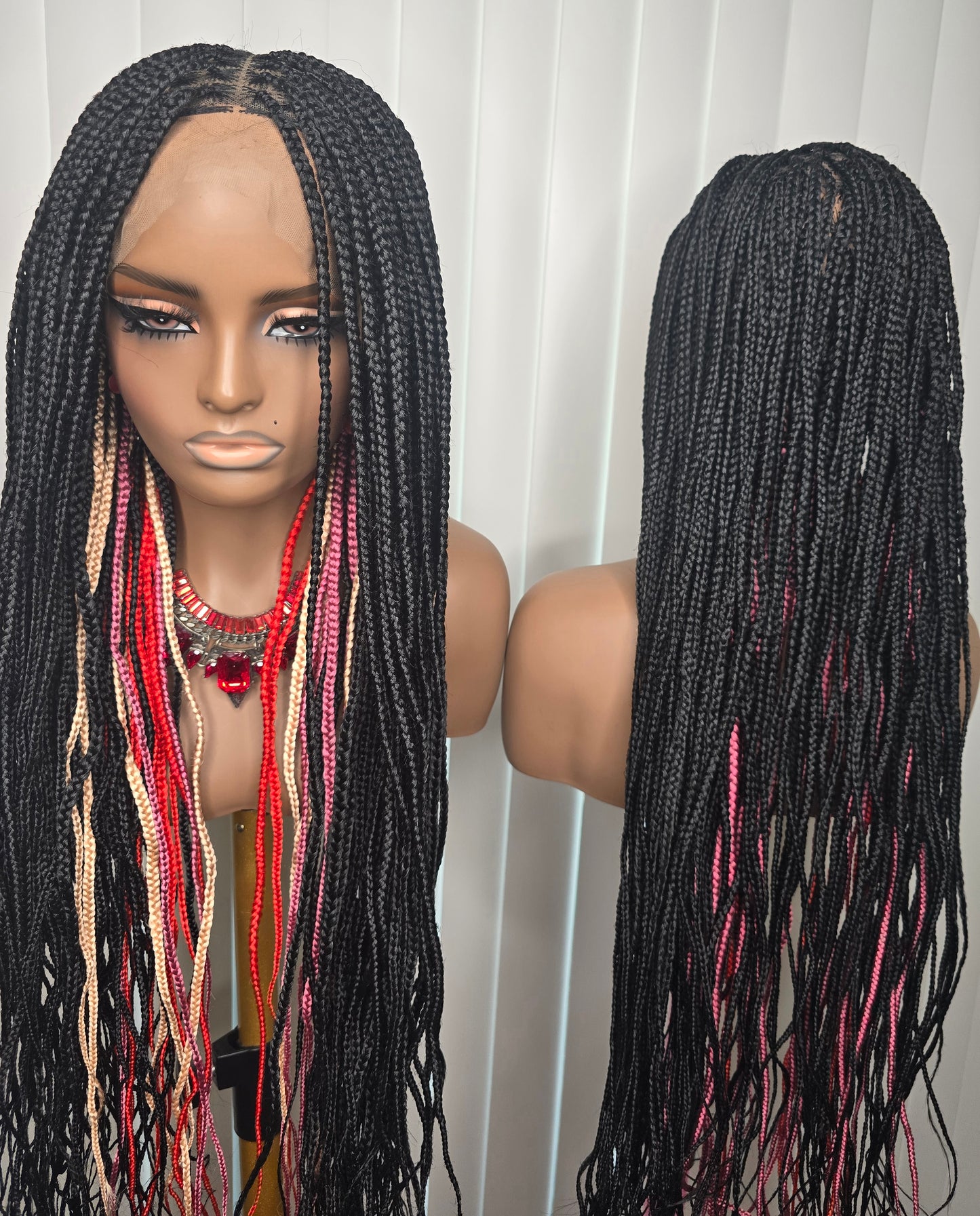Fullace 30inches Multicolours Knotless Braided Wig for Classic Ladies with Rich Black and Red Highlights
