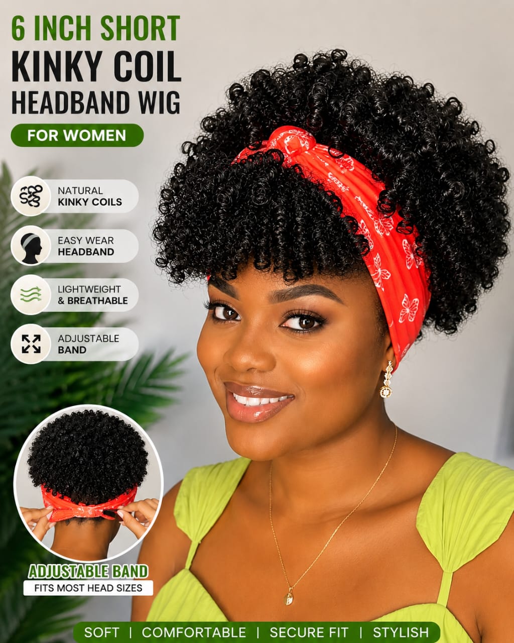 Women's 6-Inch Short Pink Kinky Coil Headband Wig, Adjustable Band, Soft Curly Synthetic Wig, Natural Everyday Style