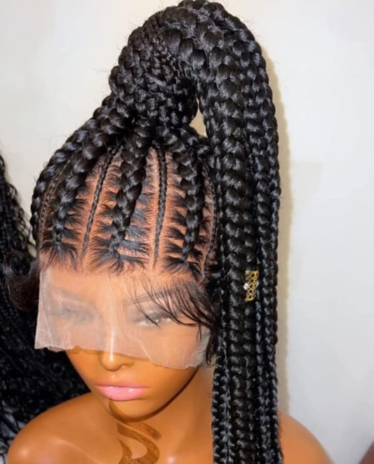 Black 30 inches 360 full lace synthetic braided wig with High Ponytail, Cornrow Braids & Baby Hair