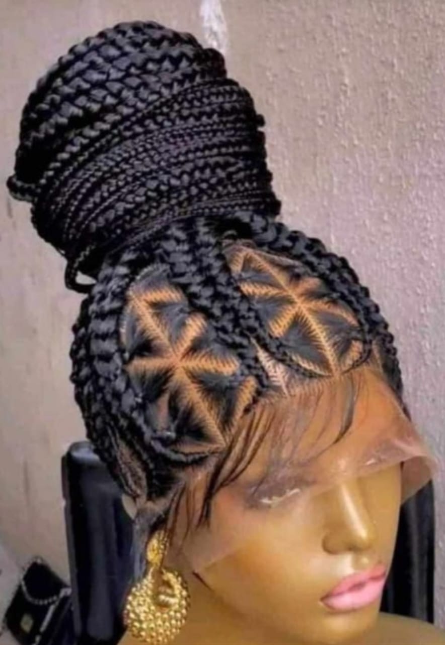 Black 36-Inch 360 Full Lace Braided Wig with High ponytail, Star Parting & Baby Hair
