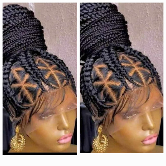 Black 36-Inch 360 Full Lace Braided Wig with High ponytail, Star Parting & Baby Hair