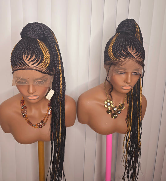 Black and Gold Full Lace Synthetic Braided Wig for Classic Ladies Easy to Style with Elegant Design and Versatile Wear