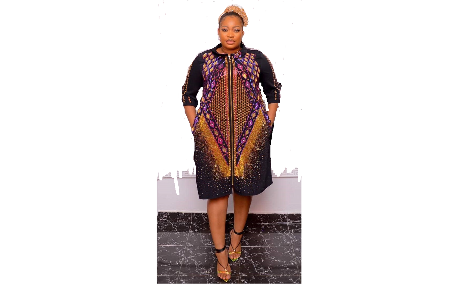 Elegant Stoned Gown for Classic Ladies with Vibrant Patterns and Stylish Design Zipper Down Closure Three Quarter Sleeves Summer Fashion